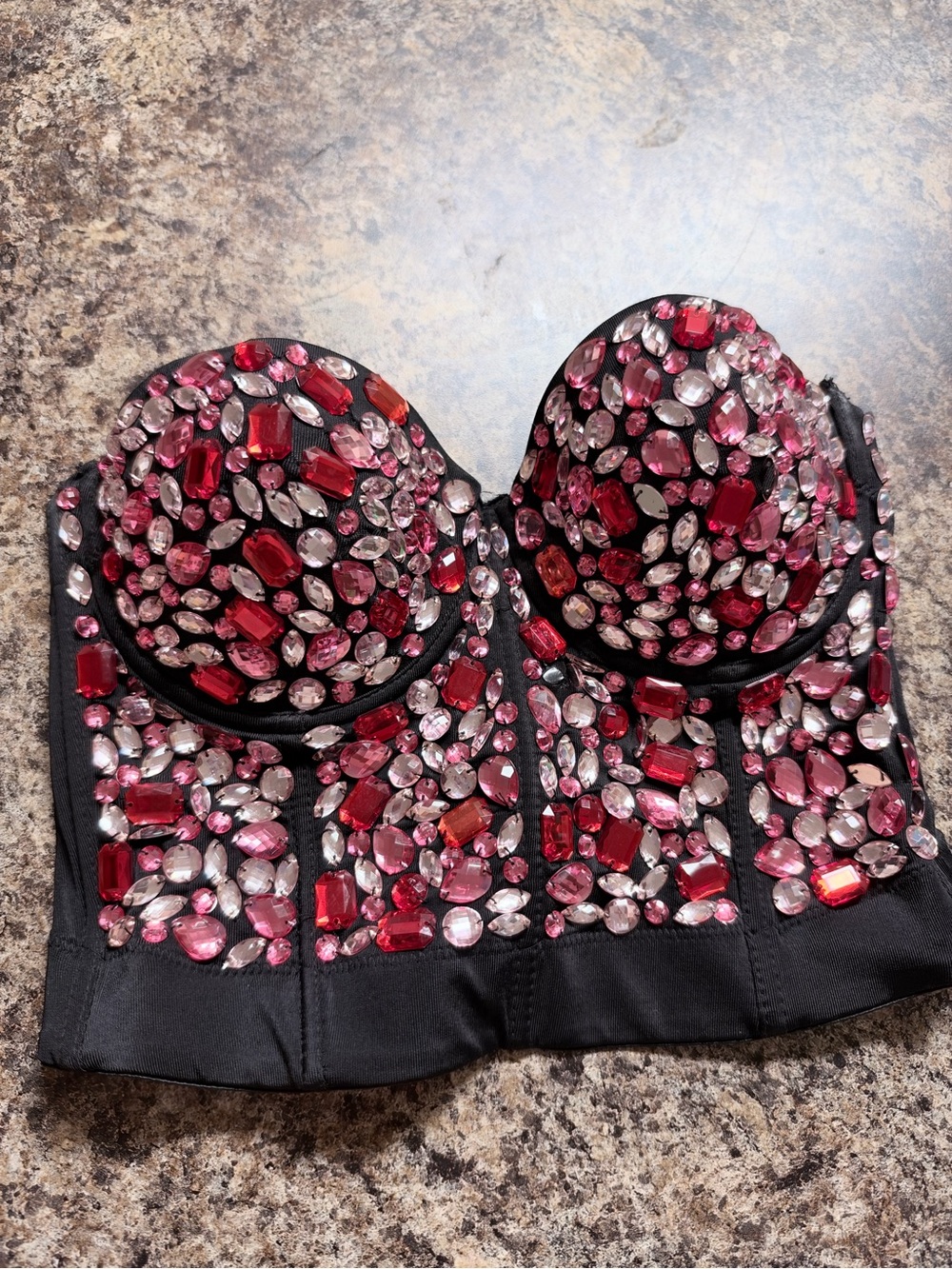 Black Bandeau Bustier with Red & Pink Crystal Embellishments